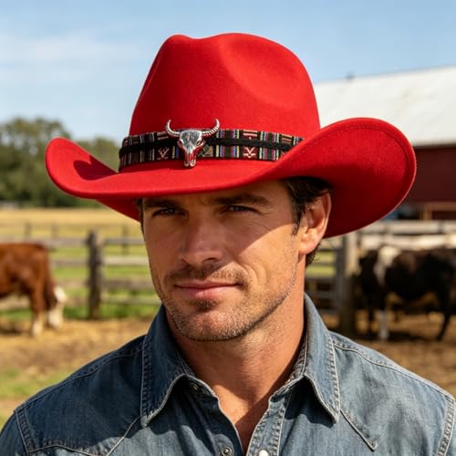Image of Women Men Faux Felt Western Cowboy Hat with Ox Head Belt Buckle Mexican Cowgirl Wool Hat Newsboy Top Cap Wide Brim Fedora