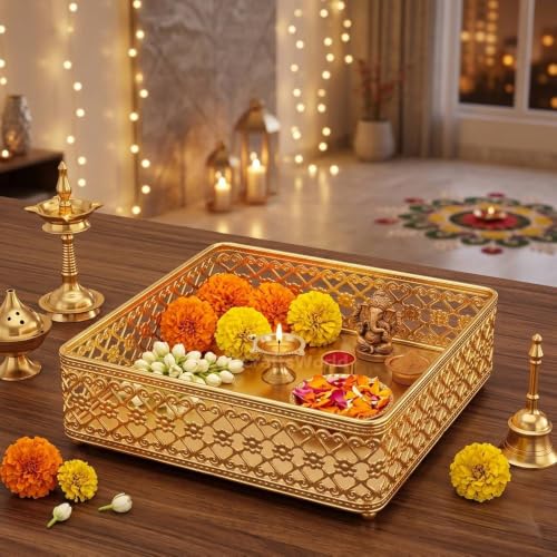 Image of Multipurpose Metal Basket For Gift Hamper, Pooja Temple Storage With Sturdy Handle, Decorative Flower Organizer & Versatile Puja Utility Accessories Home Decoration (Square Tary)