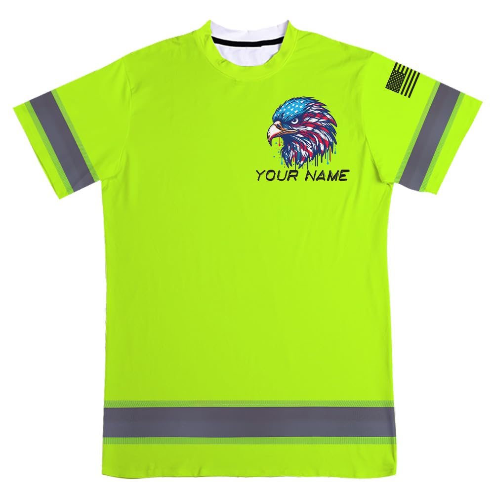Maddly US Flag High Visibility Shirt, Custom Name Safety Reflective Workwear for Workers, Runners, Truckers, Patriotic