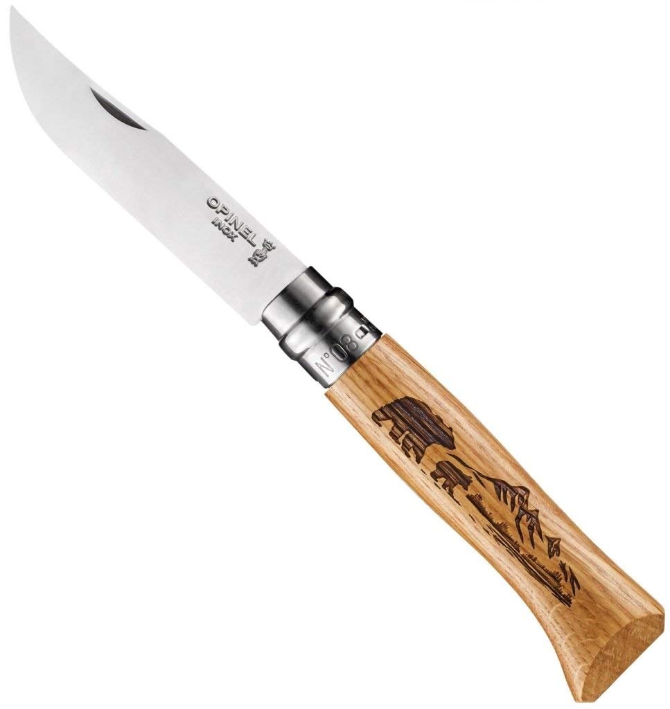 No. 8 Engraved Oak Handle Folding Knife, Animalia Collection, Stainless Steel Blade, Made in France
