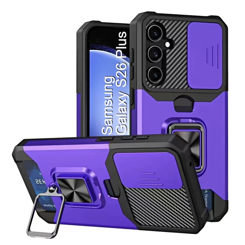 Image of LuxuryKase Shockproof Armor Case for Samsung Galaxy S26 Plus | Slide Camera Cover | Hidden Card Slot | Rotating Ring Kickstand | Magnetic Car Mount Support | Military Grade Protection - Purple