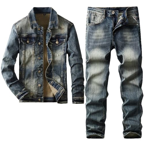 Classic Men's Jeans Suit Retro Blue Denim Jacket and Pants 2-Piece Set