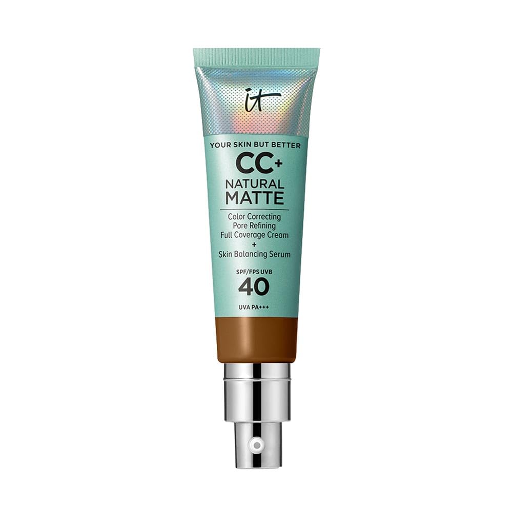 IT Cosmetics Full Coverage Foundation, Natural Matte, Made with Hyaluronic Acid, SPF 40 Protection, Your Skin But Better CC+