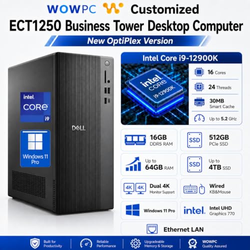 Image of Customized Dell ECT1250 Business Tower Desktop Computer, New OptiPlex Version-Intel Core i9-12900K, 16GB DDR5 512GB SSD, Up to 64GB RAM 4TB SSD, Dual 4K Monitor Support, Wired KB&Mouse, Win11Pro