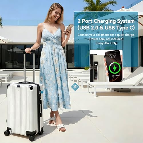 Image of 20 Inch Carry On Luggage with Spinner Wheels,PC Expandable Hard Shell Suitcase with USB Port,Lightweight Travel Luggage Airline Approved for Men Women (White)