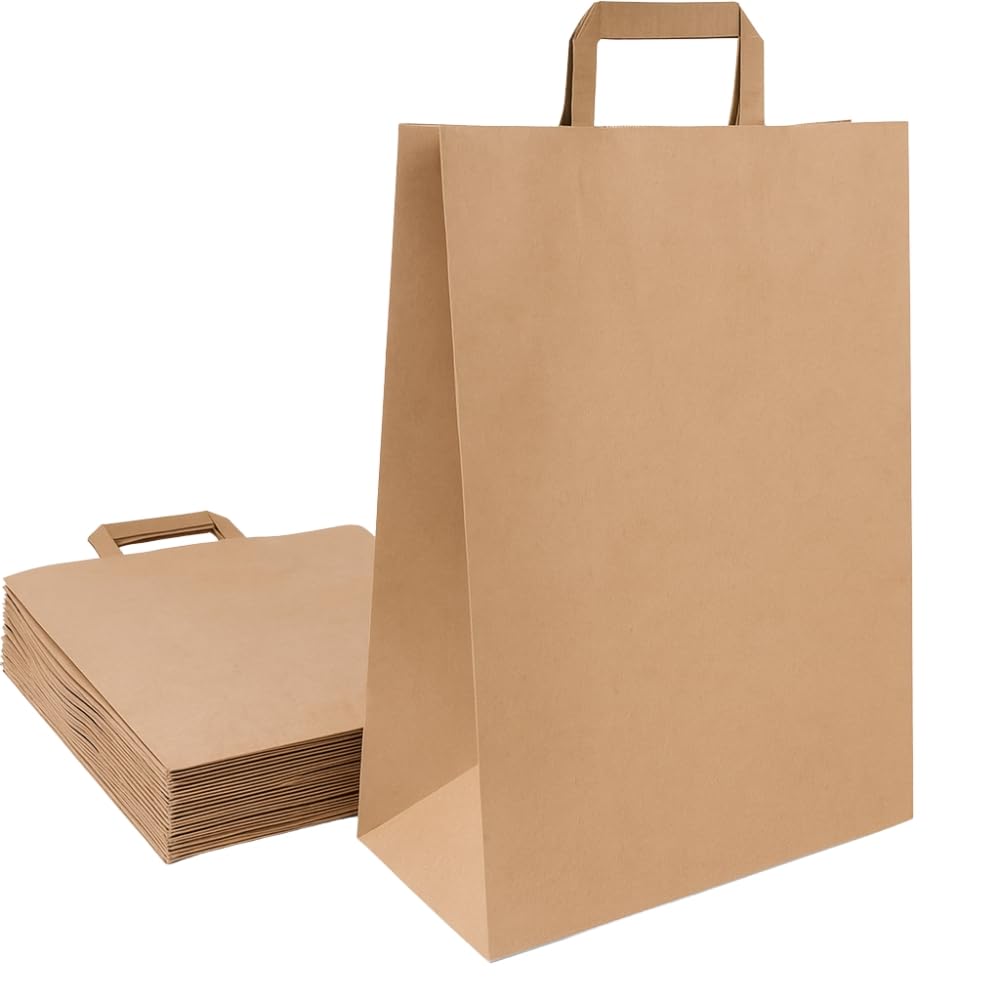 Commerline Torebki papierowe 32 + 12 x 40 cm, 250 sztuk, brązowe torebki papierowe | duże torebki papierowe z uchwytem | torba do przenoszenia, torebki papierowe, torebki na prezenty