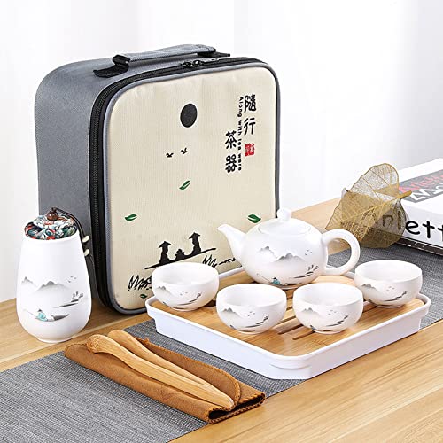 Japanese Tea Set,Chinese Tea Pot Cup Set with-Teapot,Teacups,Tea Canister,Tea Tray,Suitable for Travel,Home,Office and Outdoor Picnic Business Hotel(Landscape222)