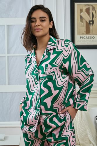 Image of YiNi LuLu Womens Silk Satin Pajamas Set Button Down 2 Piece Pjs Long Sleeve Oversized Sleepwear with Pockets