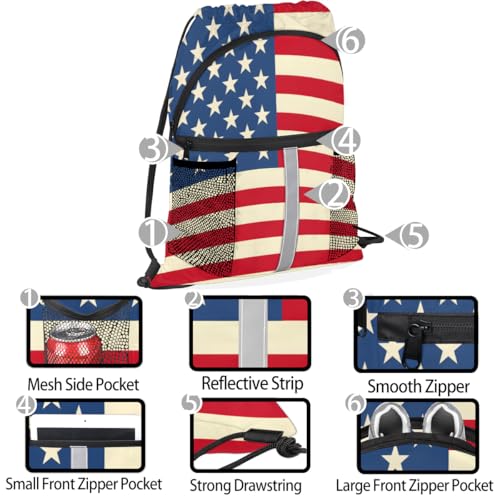 American USA Flag Drawstring Backpack with Water Bottle Pocket Lightweight String Bag 4th of July Sports Gym Swim Sackpack for Men Women4
