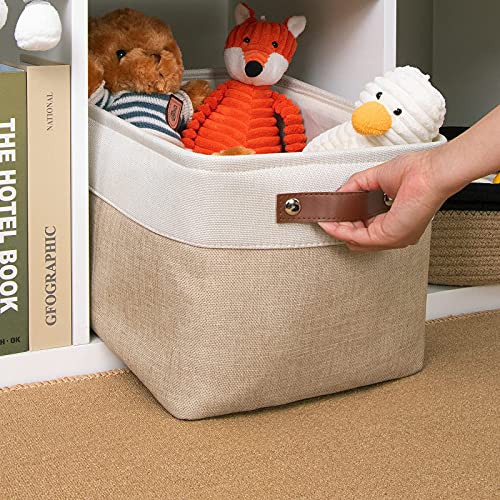 Image of DULLEMELO Fabric Storage Basket for Shelves /Closets, Collapsible Rectangle Basket for Organizing Clothes, Toys, Towels, Books, Laundry, Nursery, Dog Toy Basket Empty (White&Khaki)