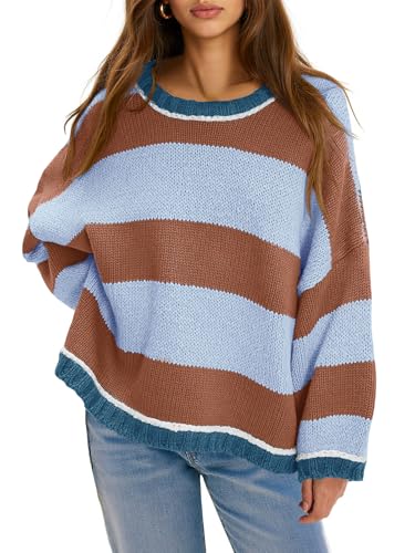 Fisoew Womens Oversized Sweaters Casual Long Sleeve Striped Color Block Crewneck Knitted Loose Fall Pullover Tops