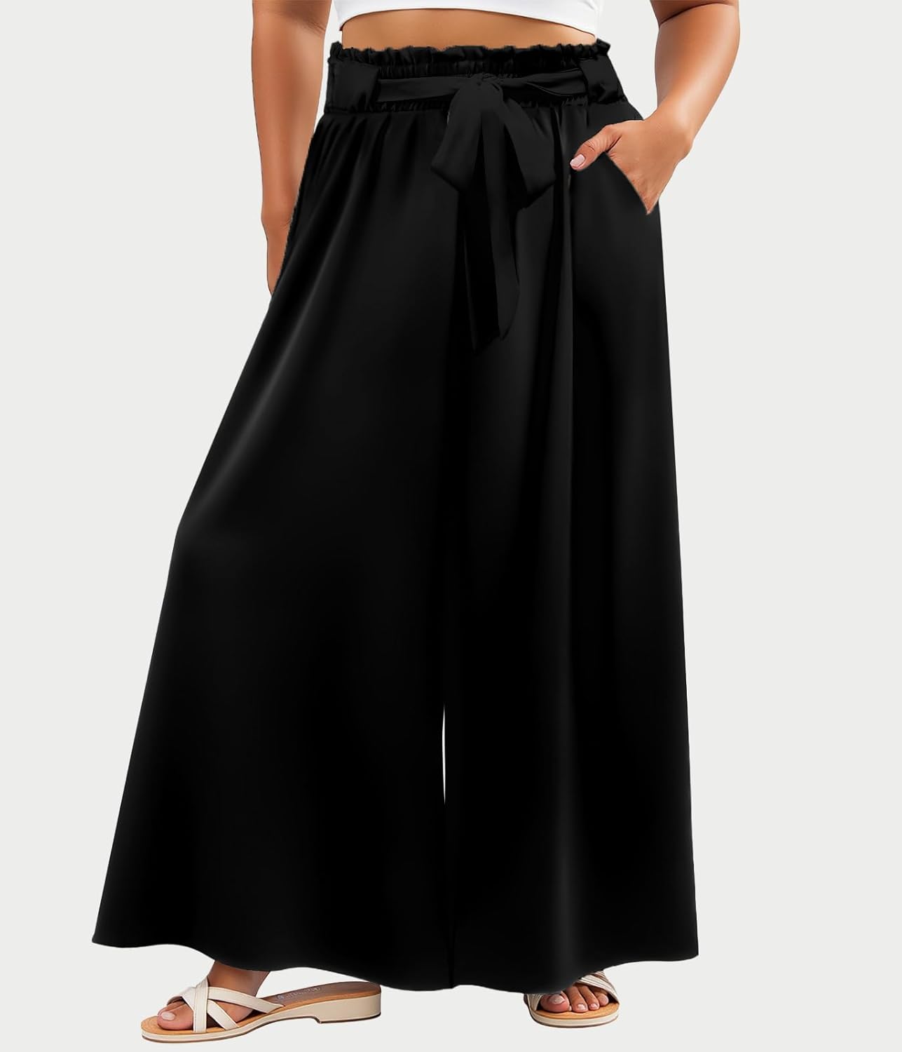 Lastshe Plus Size Wide Leg Pants for Women High Waisted Palazzo Loose Pants Boho Flowy Self-tie Belted Trousers with Pockets - Image 3