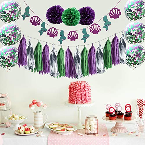 Banner com tema de sereia, balões de látex de papel, borlas de flores, linda faixa de aniversário pa