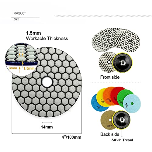 SHDIATOOL Dry Diamond polishing Pads 4 Inch Set of 7 Pieces Plus a Plastic Backer for Granite Marble Stone Quartz image_1