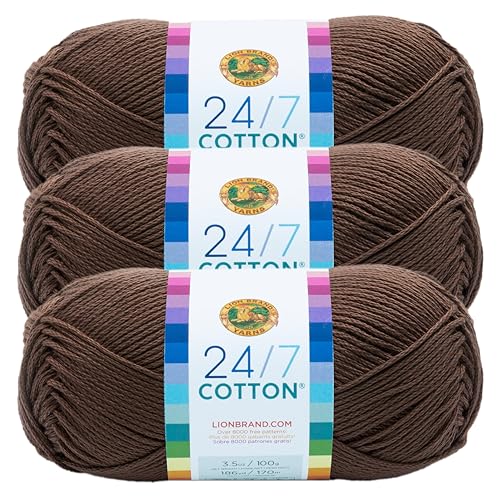 Lion Brand 24/7 Cotton Yarn, Yarn for Knitting, Crocheting, and Crafts, Caf&eacute; Au Lait, Pack of 3