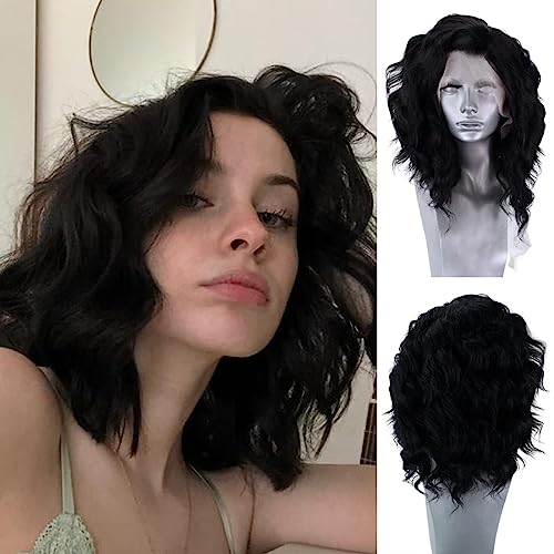 RONGDUOYI Short Loose Wavy Bob Black Hair Synthetic Wig Shoulder
