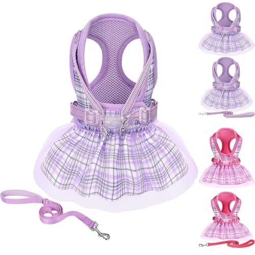 Small Dog Dress Harness Girl Female, No Pull Harnesses Outfit Apparel, Medium Summer Adjustable Puppy Plaid Skirt Vest Cat Clothes (Purple Dress+Leash, XS)
