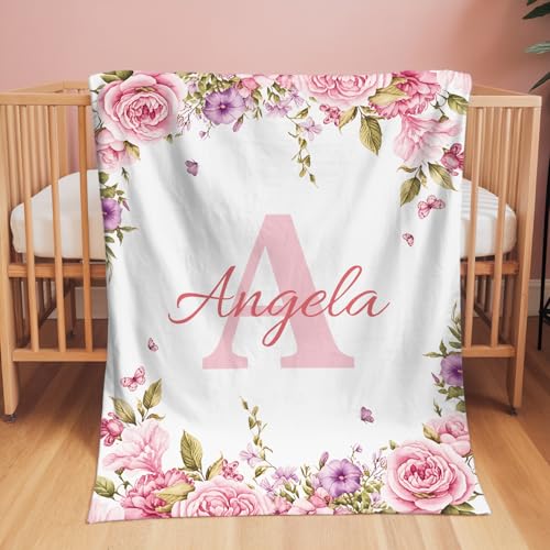 Image of Personalized Baby Blanket with Name, Custom Name Blanket for Kids Soft Flanne Blankets in Easter Personalized Baby Gifts for Infant Newborn Shower (Rose Pink)