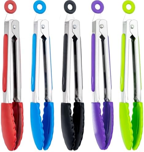 5 Pcs 7 Inch Kitchen Tongs, Mini Food Serving Tongs Small Cooking Tongs Stainless Steel Grilling Tongs with Silicone Tips for Salad Cooking Frying BBQ Camping (5 Colors)