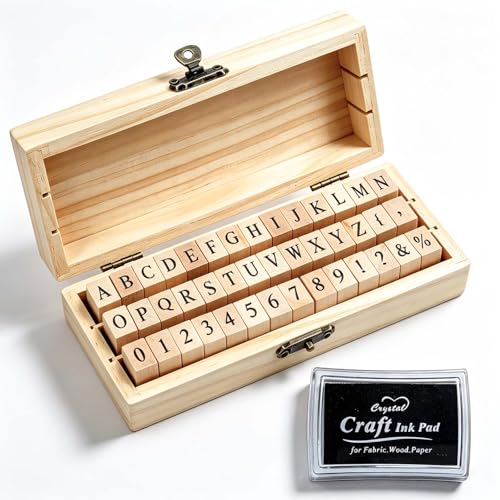 42 PCS Letter Stamps Small Wooden Rubber Alphabet Stamps Multipurpose Number and Symbol Letter Stamp and Ink Pad with Storage Box for Craft Scrapbook Card Making DIY and Arts
