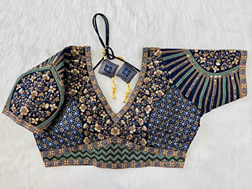 Image of Pujia Mills Mills Women's Fancy Readymade Heavy Coding Embroidary Worked Half Sleeve Multicolor Saree Blouse(Mushroom)