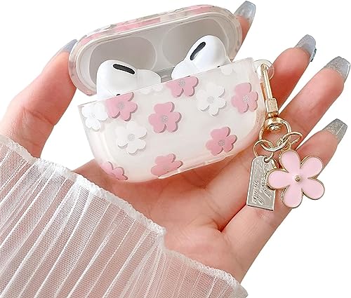 for AirPods Pro Clear Case - Cute Cartoon Design Soft TPU Cover for AirPods Pro 2nd/1st Gen Shockproof Protective Case with Floral Keychain for Women Girls (Pink)