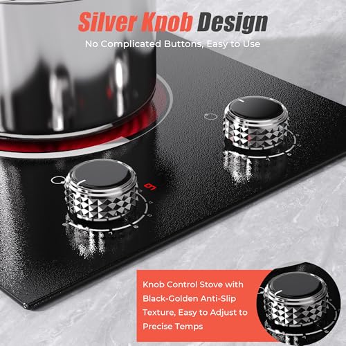 Image of 2 Burner Electric Cooktop - 12 Inch Plug in 110V Electric Cook Top Two Burner, Built-in & Countertop Ceramic Stove Top with Knob Control, 9 Power Levels and Overheat Protection (Silver Knob)
