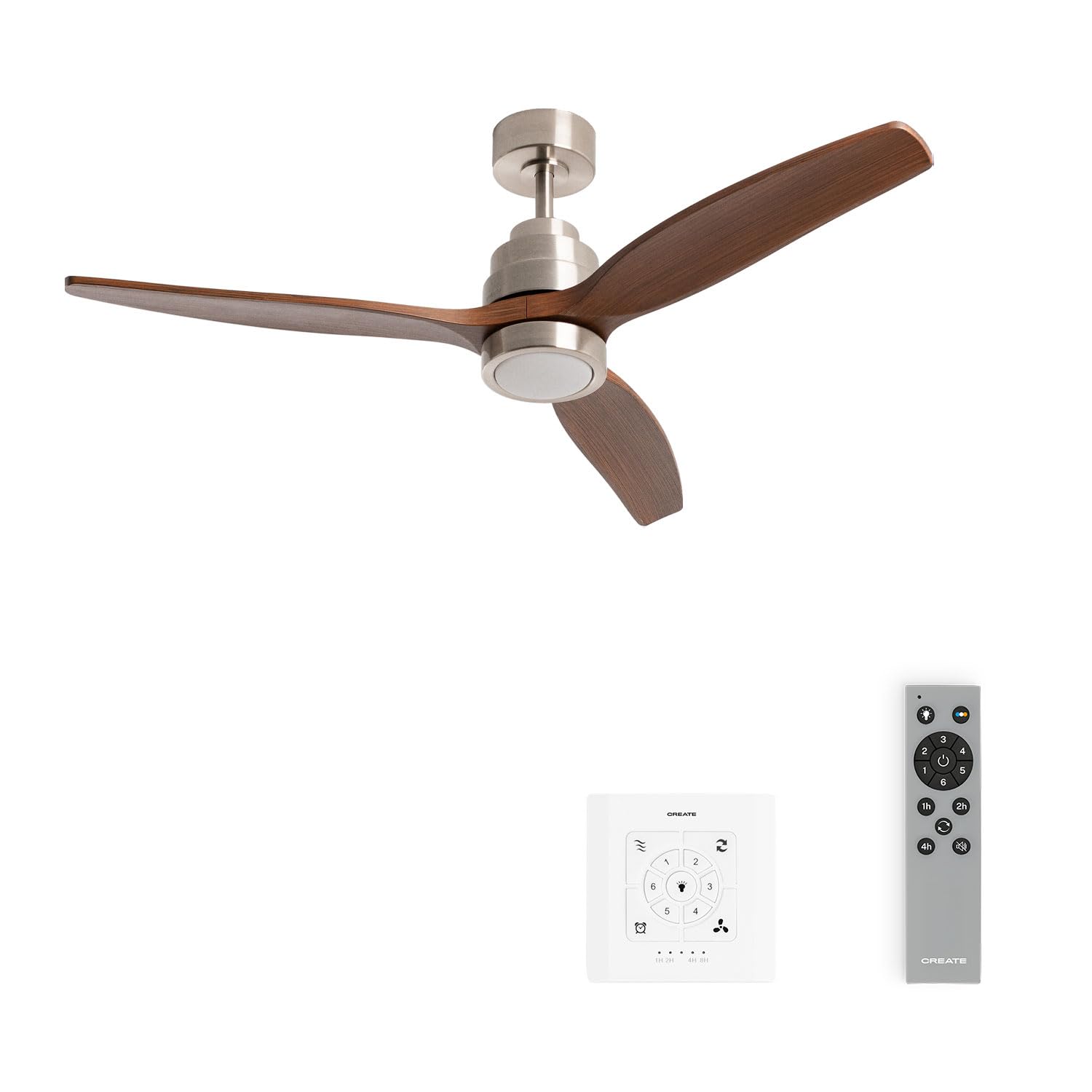 CREATE / WINDSTYLANCE M/Ventilador de techo ABS con luz níquel aspas efecto madera oscura con controlador y mando / 40W, Temporizador, Ø132 cm, 6 velocidades, verano-invierno, doble altura