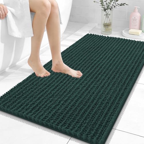 Image of OLANLY Bathroom Rug Mat 44x24, Thick Soft and Absorbent Chenille Bath Mat, Non-Slip Rubber Backing, Machine Washable Quick Dry Bath Rugs for Tub Shower Floor, Home Decor Accessories, Blackish Green