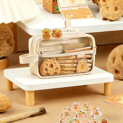 Image of Kawaii Capybara Pencil Case Kit with Plush Toy +Notepad+Pendant+Stickers+Binder clips+Diary Clip+Pens, 5-Layer Large Capacity Capybara Stationery Set Gifts for Office, Makeup. (White)