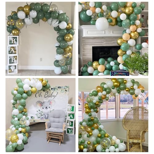 Image of Sage Green Gold Balloons, 12 Inch Green White Metallic Gold Balloons, Olive Sand White Balloon Golded Confetti Latex Balloon for Birthday Wedding Baby Shower Party Decoration
