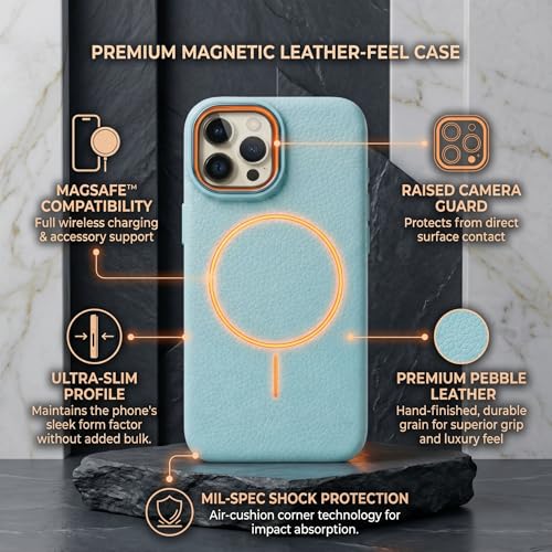 Image of amazon basics Luxury MagSafe Compatible Leather Texture Back Cover for iPhone 13 Pro | Raised Camera Protection | Slim Fit Shockproof Case with Metallic Accents (Light Blue)