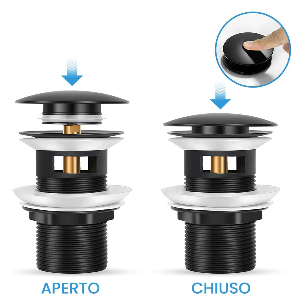 Set Miscelatori per Lavabo Alto e Bidet in Ottone Nero Opaco Linea Kubo con Pilette Click Clack e Kit Montaggio