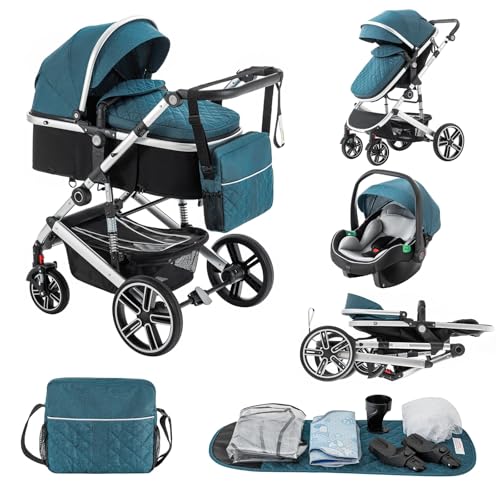 Lnhcrbs Poussette 3 en 1, Cadre de Poussette Trio en Aluminium, avec Pinces Pour Panier Nouveau-né, Stroller Pliable, Habillage Pluie, Moustiquaire, Convient à 0-48...