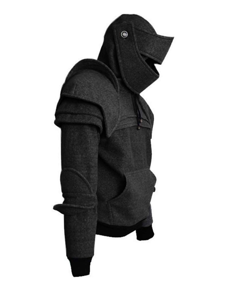 Mens Knight Hoodies,Costume Winter Drawstring Rider Hooded Black Grey