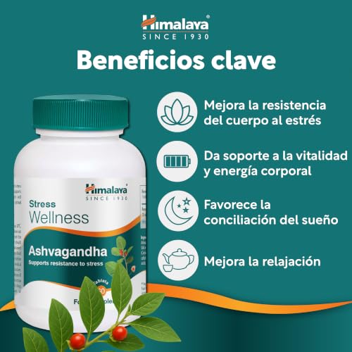Miniatura 4 de Himalaya Stress Wellness Extracto de Raíz de Ashwagandha 500mg, 60 Tabletas (30 Días) – Complemento Alimenticio Adaptógeno para Estrés, Energía y Relajación – Fórmula Herbal Ayurvédica Vegana