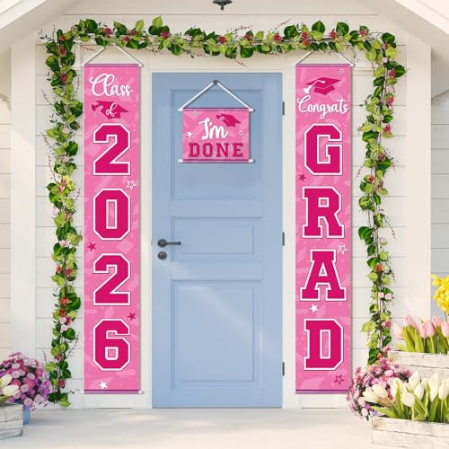 Image of Moukeren 3 Pieces 2026 Graduation Party Decorations Graduation Porch Sign Class of 2026 Grad Hanging Porch Banner Backdrop Door Sign for Grad Party Wall Home Door Decor (Rose Red)