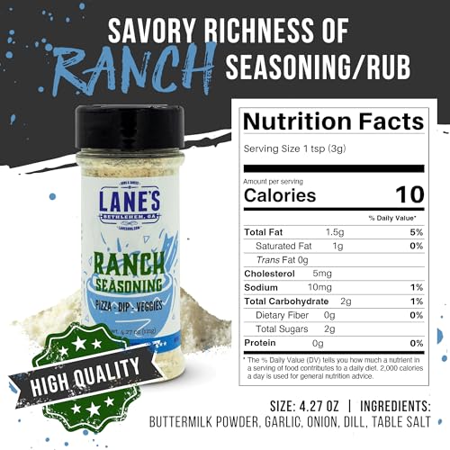 Image of Lane's Ranch Seasoning Powder, 4.27 oz - Versatile Ranch Powder for Wings, Veggies, Popcorn, Dips, Dressing & Pizza - Bold Buttermilk Herb Flavor, Gluten-Free, All-Natural, Low Sodium Seasoning