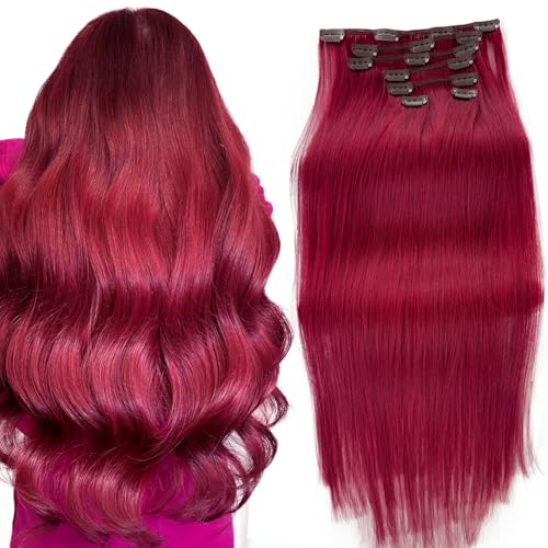 Image of Clip in Hair Extensions Real Human Hair, Burgundy Hair Extension Real Human Hair Clip ins 22 Inch Double Weft Hair Extensions Human Hair Clip in Extensions 7pcs 70G Clip in Hair Extensions for Women