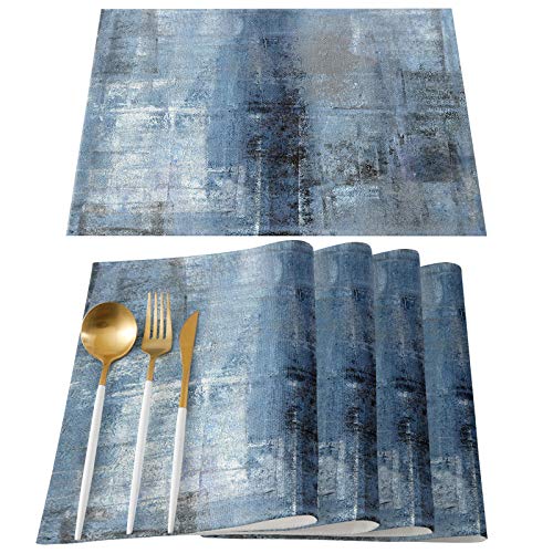Artshowing Abstract Art Linen Placemats 12 X 18 Inch Set Of 6 Rectangular Washable Table Mats For Kitchen Table, Retro Style Oil Painting Texture Blue #TOP10