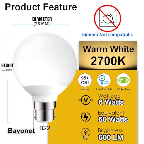 iLC LED Globe Alexa Light Bulbs B22, Work with Alexa (Echo Devices Required), 6W G80 Smart Light Bulb Colour Changing Light Bulb Warm White 2700K +RGB, Bayonet (2 Pack) - Image 3