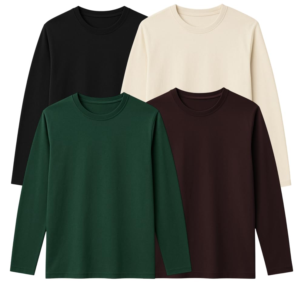 100% Pure Cotton Round Neck Regular Fit Plain Solid Full Sleeve T-Shirt Combo for Men & Boys (Pack of 4 Available in Size S to 2XL)