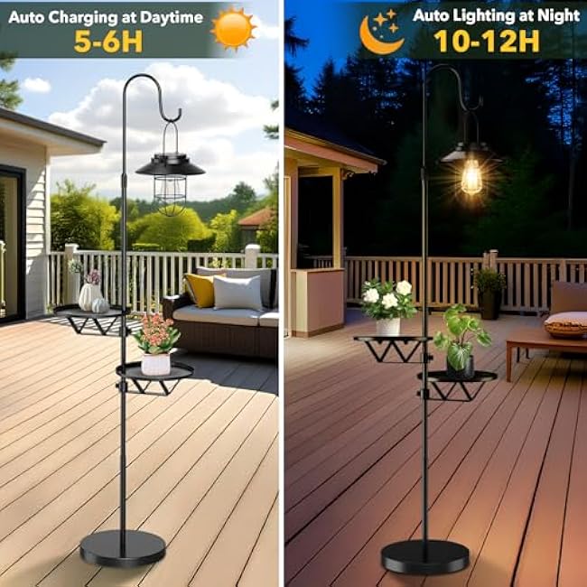 60 Solar Light with Plant Stands, Outdoor Floor Lamp, Waterproof Metal Hanging Solar Lantern for Patio Deck Porch Yard Garden Decor