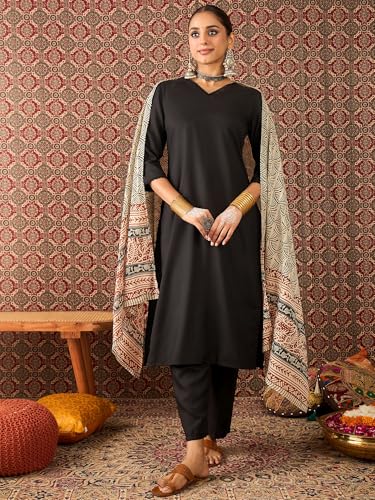Image of INDO ERA Women's Straight Cotton Blend Solid Solid Kurta & Pant with Dupatta Set (IESTR10631)