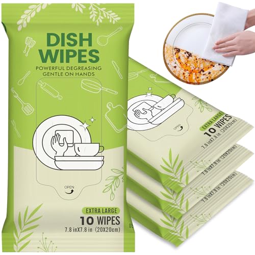 Creatyi 4 Pack Dish Wipes Camping Dish Wipes Travel Dish Soap Camp Kitchen Wipes Portable Cleaning of Plates Bowls Tableware and Ktchenware for Travel Camping (40 PCS)