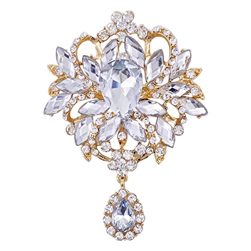 Image of LAXPICOL Wedding Bridal Big Brown Crystal Rhinestone Bouquet Brooch Pin for Women Golden Tone