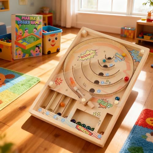 LNSYSNS Juego Canicas de Madera, Madera Juego de Habilidad, Durable Juegos de Mesa con Puntuación, con 2 Pies de Montaje y 10 Bolas de Cristal, para Desafío y Entretenimiento