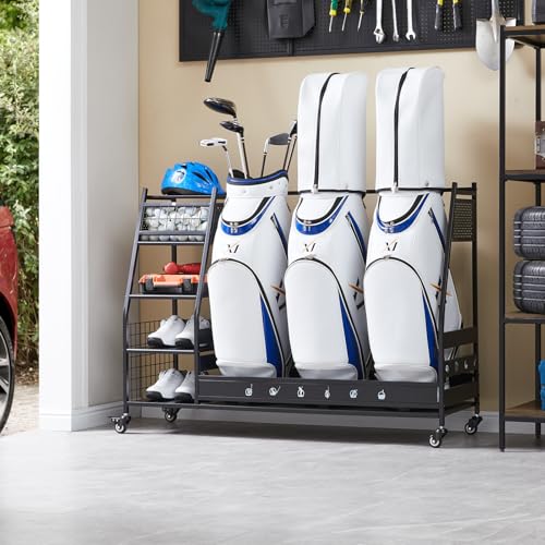 Lauren&Harold 3 Golf Bag Organizer Garage Storage, Golf Storage Rack Stand Fits 3 Golf Bags, Golf...