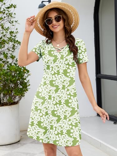 Image of KORSIS Women's Dresses Summer Casual T-Shirt Short Sleeve Criss Cross V Neck Swing Beach Vacation Sundress Dress with Pockets