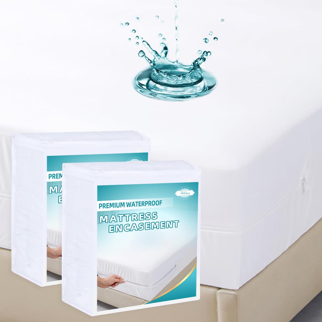 Queen Waterproof Zippered Mattress Encasement, Breathable, Noiseless, Machine-Washable Zipped Mattress Cover, Fitting 7" - 15" Deep Mattress 2 Pack